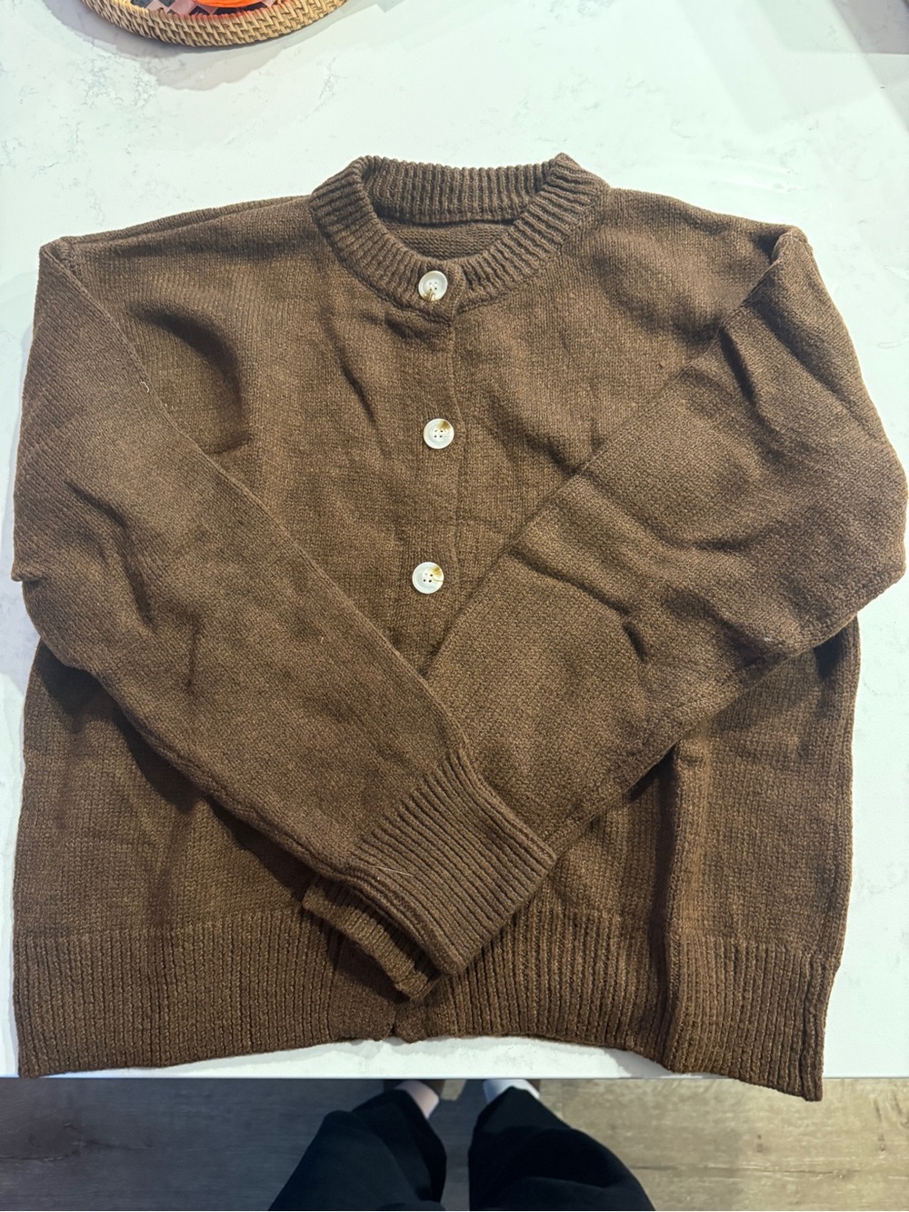 Brown Button-Front Crewneck Sweater